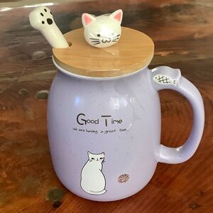 Charming Lavender Cat Mug with Lid and Spoon